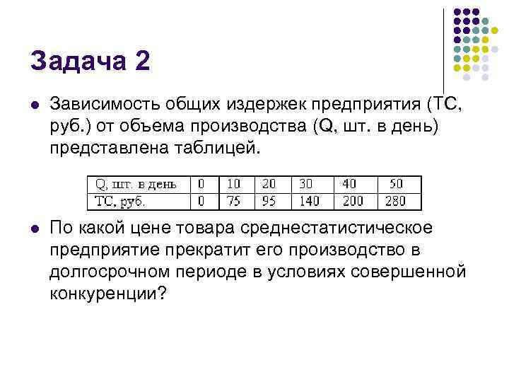 Задача 2 l Зависимость общих издержек предприятия (ТС, руб. ) от объема производства (Q,