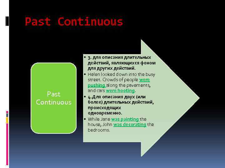 Past Continuous • 3. для описания длительных действий, являющихся фоном для других действий. •