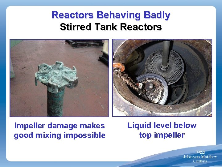 Reactors Behaving Badly Stirred Tank Reactors Impeller damage makes good mixing impossible Liquid level