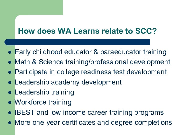 How does WA Learns relate to SCC? l l l l Early childhood educator