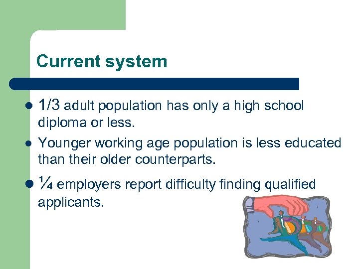Current system l 1/3 adult population has only a high school l diploma or
