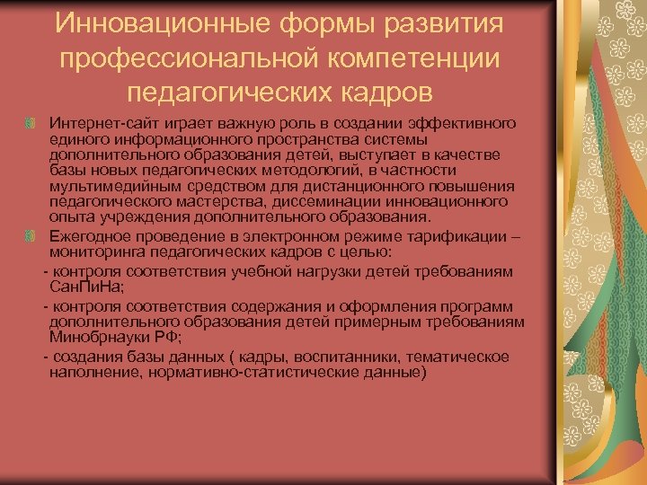 Инновационные формы развития профессиональной компетенции педагогических кадров Интернет-сайт играет важную роль в создании эффективного