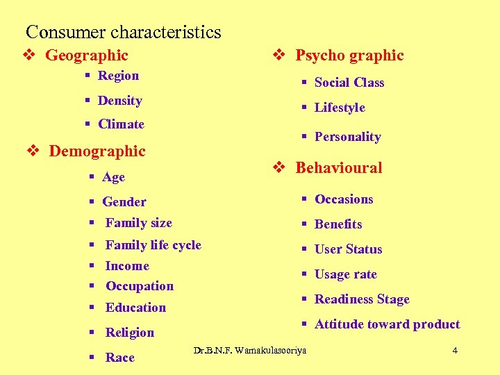 Consumer characteristics v Geographic v Psycho graphic § Region § Social Class § Density