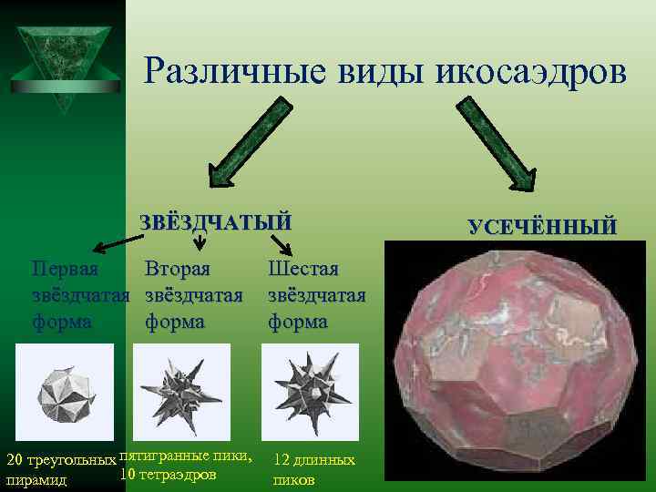 Различные виды икосаэдров ЗВЁЗДЧАТЫЙ Первая звёздчатая форма Вторая звёздчатая форма 20 треугольных пятигранные пики,