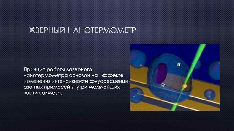 ЛАЗЕРНЫЙ НАНОТЕРМОМЕТР ПРИНЦИП РАБОТЫ ЛАЗЕРНОГО НАНОТЕРМОМЕТРА ОСНОВАН НА ЭФФЕКТЕ ИЗМЕНЕНИЯ ИНТЕНСИВНОСТИ ФЛУОРЕСЦЕНЦИИ АЗОТНЫХ ПРИМЕСЕЙ