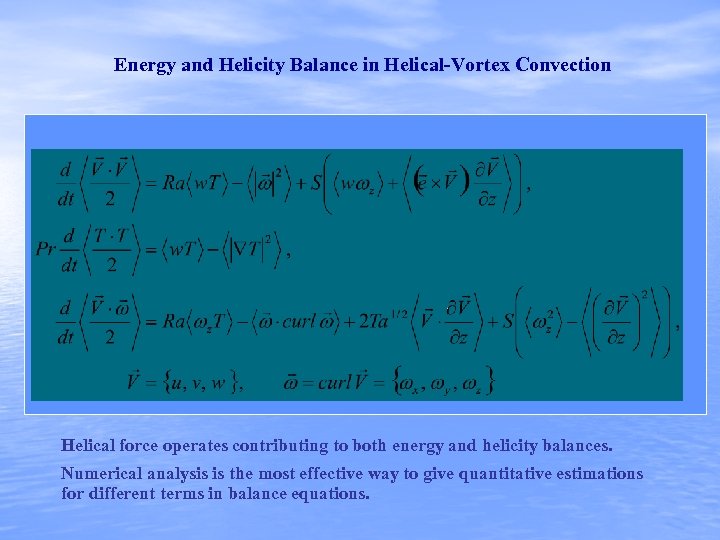 Energy and Helicity Balance in Helical-Vortex Convection Helical force operates contributing to both energy