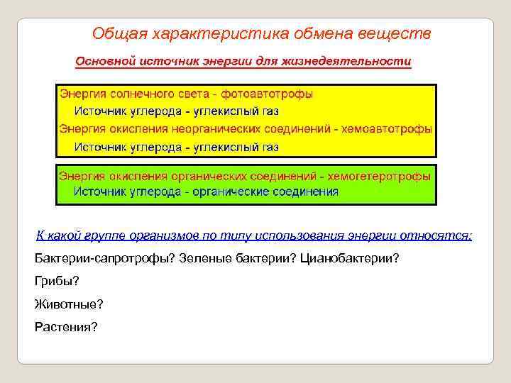 Общая характеристика обмена веществ К какой группе организмов по типу использования энергии относятся: Бактерии-сапротрофы?