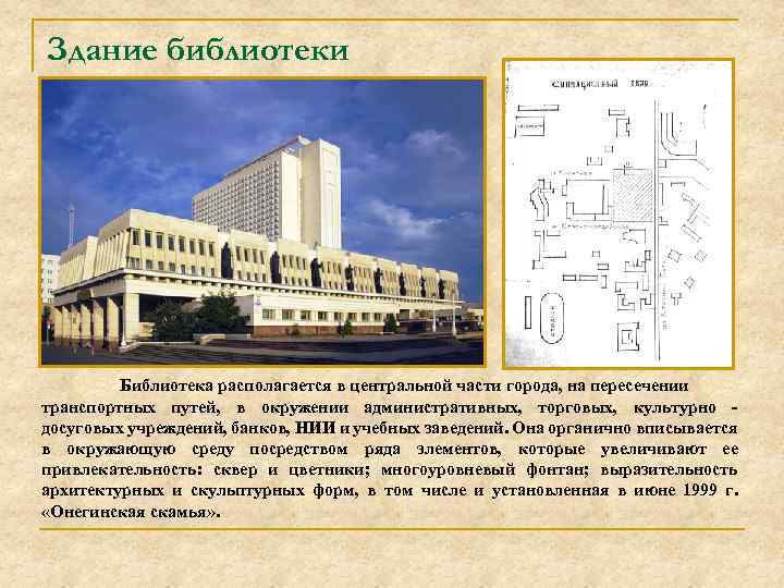 Здание библиотеки Библиотека располагается в центральной части города, на пересечении транспортных путей, в окружении