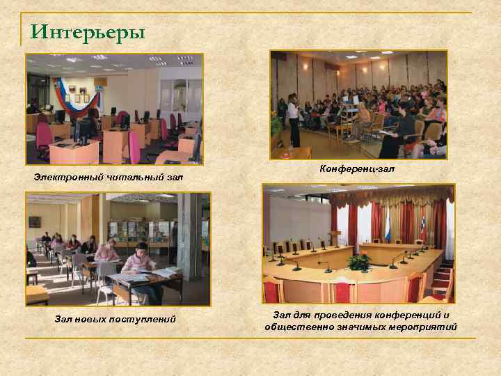 Интерьеры Электронный читальный зал Зал новых поступлений Конференц-зал Зал для проведения конференций и общественно
