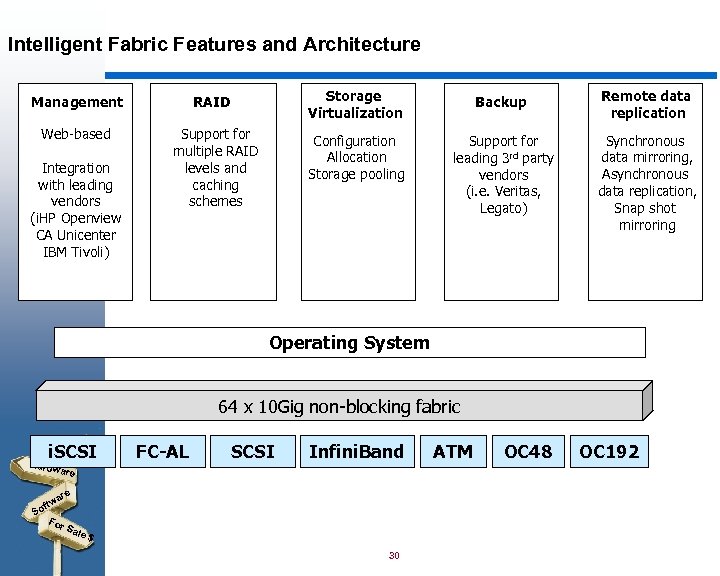 Intelligent Fabric Features and Architecture Management RAID Storage Virtualization Backup Remote data replication Web-based