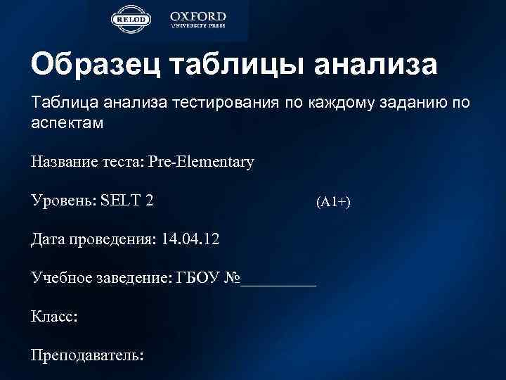 Образец таблицы анализа Таблица анализа тестирования по каждому заданию по аспектам Название теста: Pre-Elementary