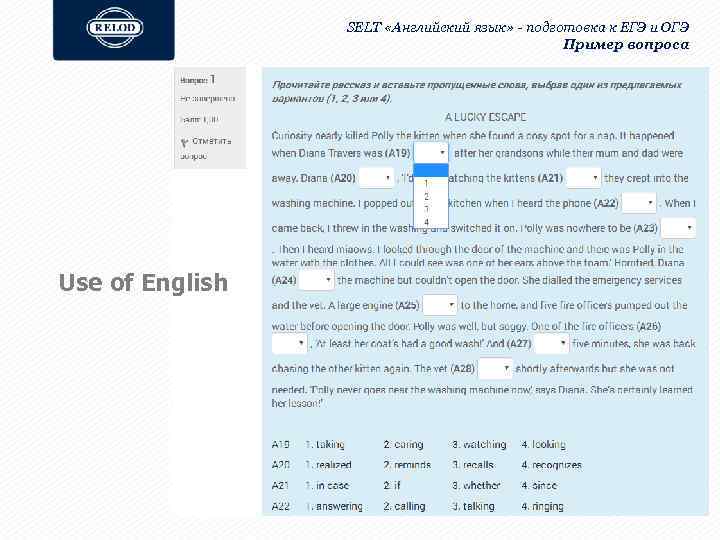 SELT «Английский язык» - подготовка к ЕГЭ и ОГЭ Пример вопроса Use of English