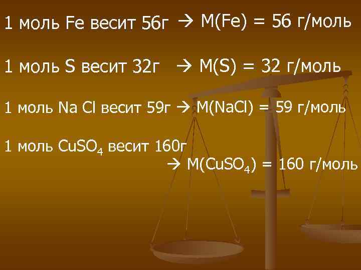 1 моль Fe весит 56 г М(Fe) = 56 г/моль 1 моль S весит