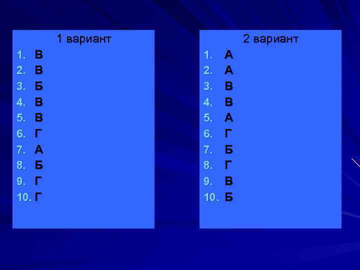 1 вариант 1. В 2. В 3. Б 4. В 5. В 6. Г