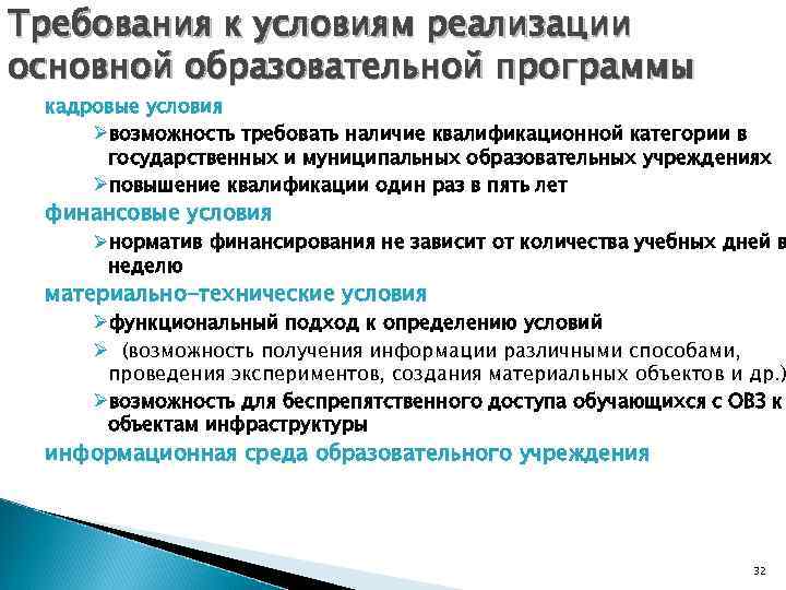 Требования к условиям реализации основной образовательной программы кадровые условия Øвозможность требовать наличие квалификационной категории