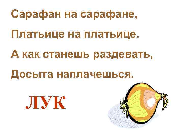 Сарафан на сарафане, Платьице на платьице. А как станешь раздевать, Досыта наплачешься. ЛУК 