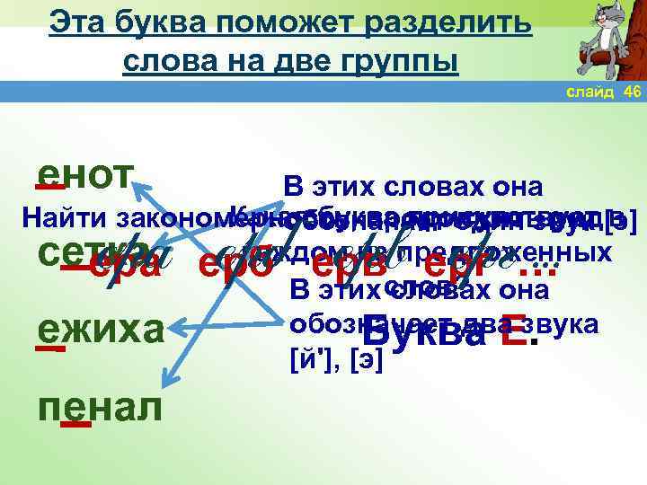 Эта буква поможет разделить слова на две группы слайд 46 енот В этих словах