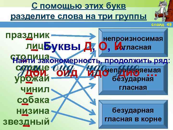 С помощью этих букв разделите слова на три группы слайд 49 праздник непроизносимая лицо