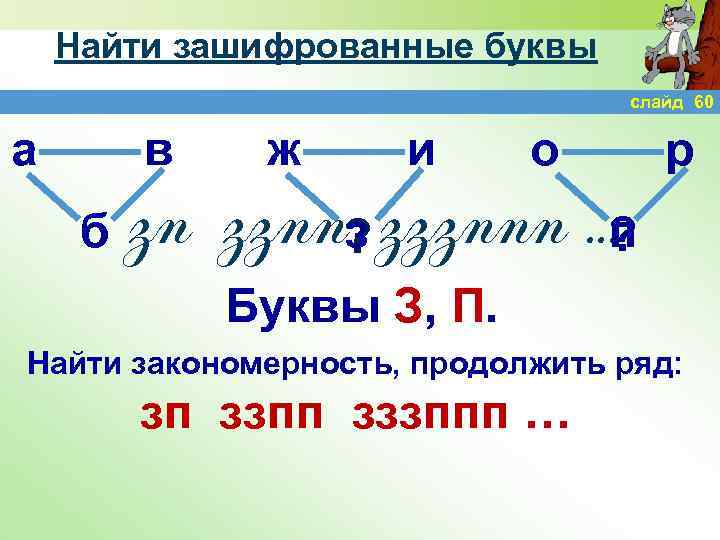 Найти зашифрованные буквы слайд 60 а в б ж и о р зп ззпп?