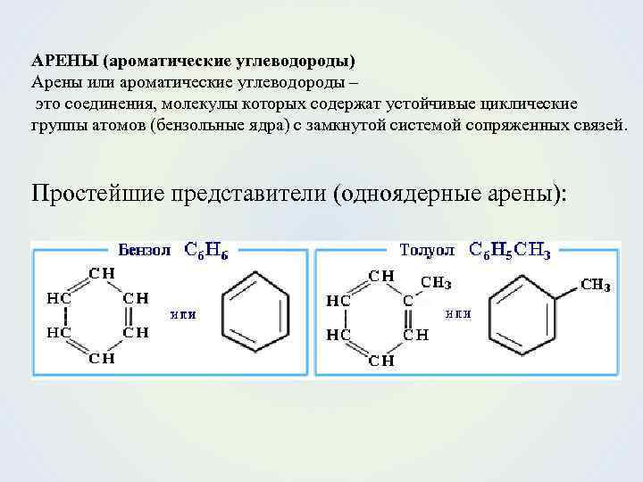АРЕНЫ (ароматические углеводороды) Арены или ароматические углеводороды – это соединения, молекулы которых содержат устойчивые