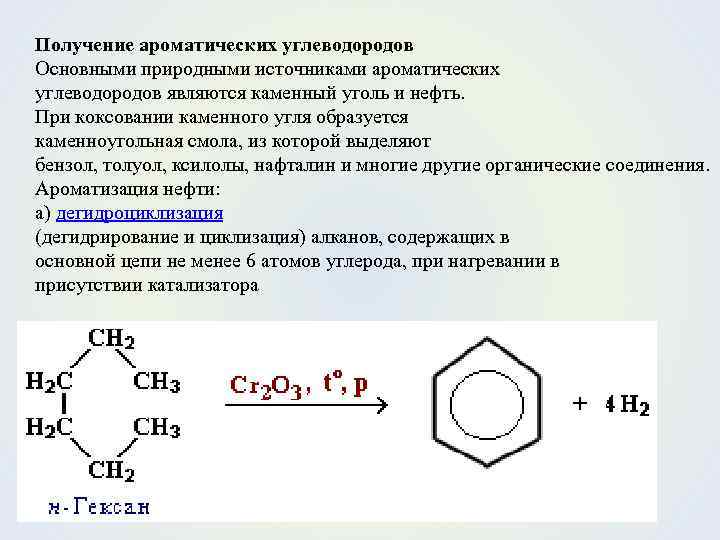 Получение ароматических углеводородов Основными природными источниками ароматических углеводородов являются каменный уголь и нефть. При