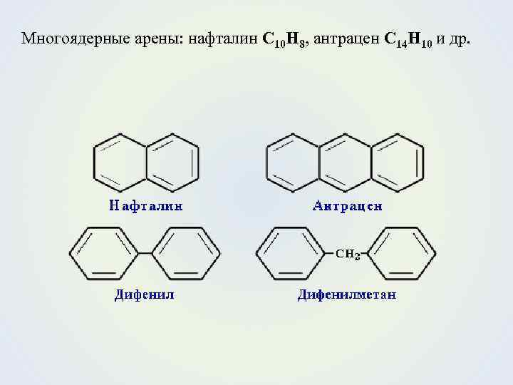 Многоядерные арены: нафталин С 10 Н 8, антрацен С 14 Н 10 и др.