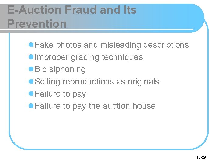 E-Auction Fraud and Its Prevention l Fake photos and misleading descriptions l Improper grading