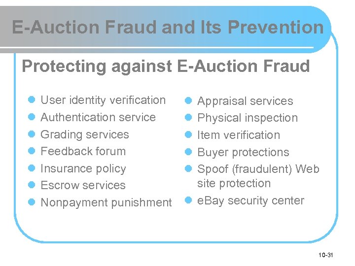 E-Auction Fraud and Its Prevention Protecting against E-Auction Fraud l l l l User