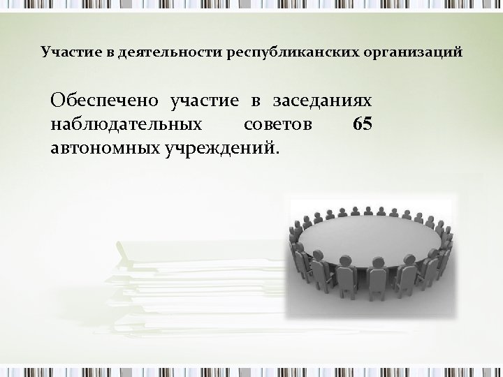 Участие в деятельности республиканских организаций Обеспечено участие в заседаниях наблюдательных советов 65 автономных учреждений.
