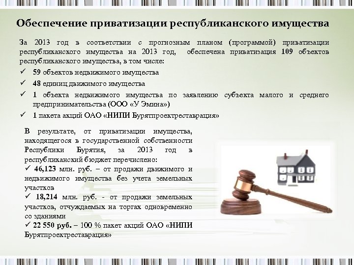 Обеспечение приватизации республиканского имущества За 2013 год в соответствии с прогнозным планом (программой) приватизации