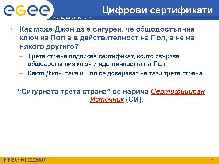 Цифрови сертификати Enabling Grids for E-scienc. E • Как може Джон да е сигурен,