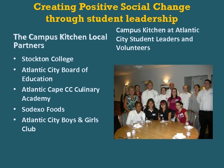 Creating Positive Social Change through student leadership The Campus Kitchen Local Partners • Stockton