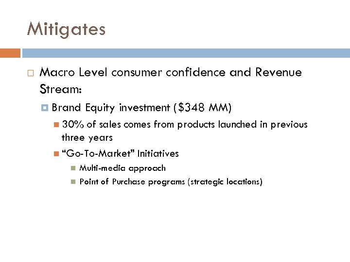 Mitigates Macro Level consumer confidence and Revenue Stream: Brand Equity investment ($348 MM) 30%