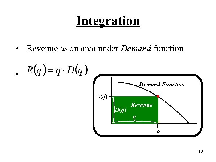 Integration • Revenue as an area under Demand function • Demand Function D(q) Revenue