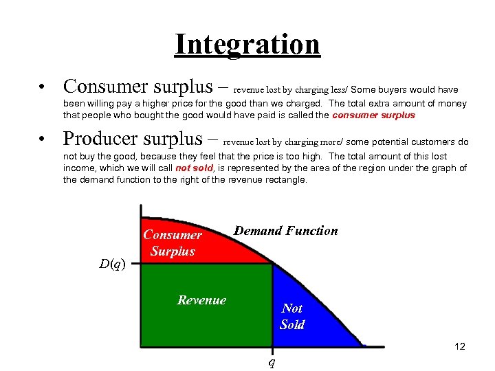 Integration • Consumer surplus – revenue lost by charging less/ Some buyers would have