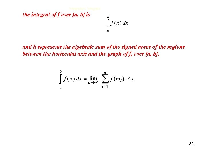 Integration, Integrals the integral of f over [a, b] is and it represents the