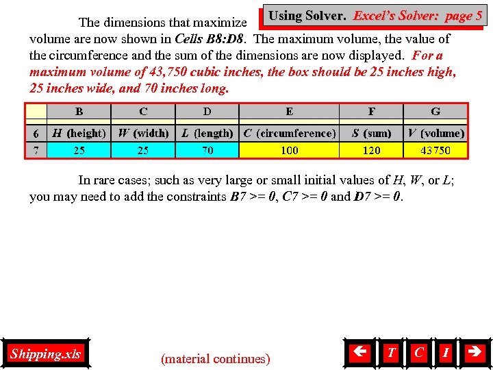 Using Solver, Solver. Excel’s Solver: page 5 The dimensions that maximize volume are now