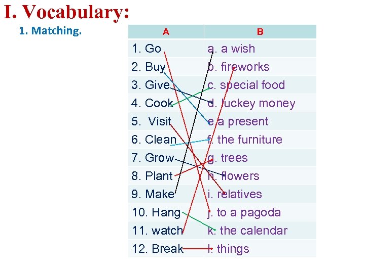 I. Vocabulary: 1. Matching. A 1. Go 2. Buy 3. Give 4. Cook 5.