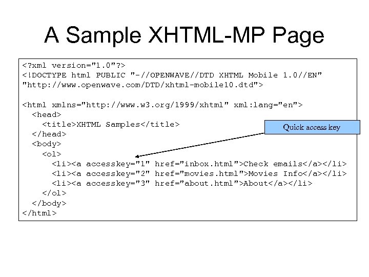 A Sample XHTML-MP Page <? xml version="1. 0"? > <!DOCTYPE html PUBLIC "-//OPENWAVE//DTD XHTML