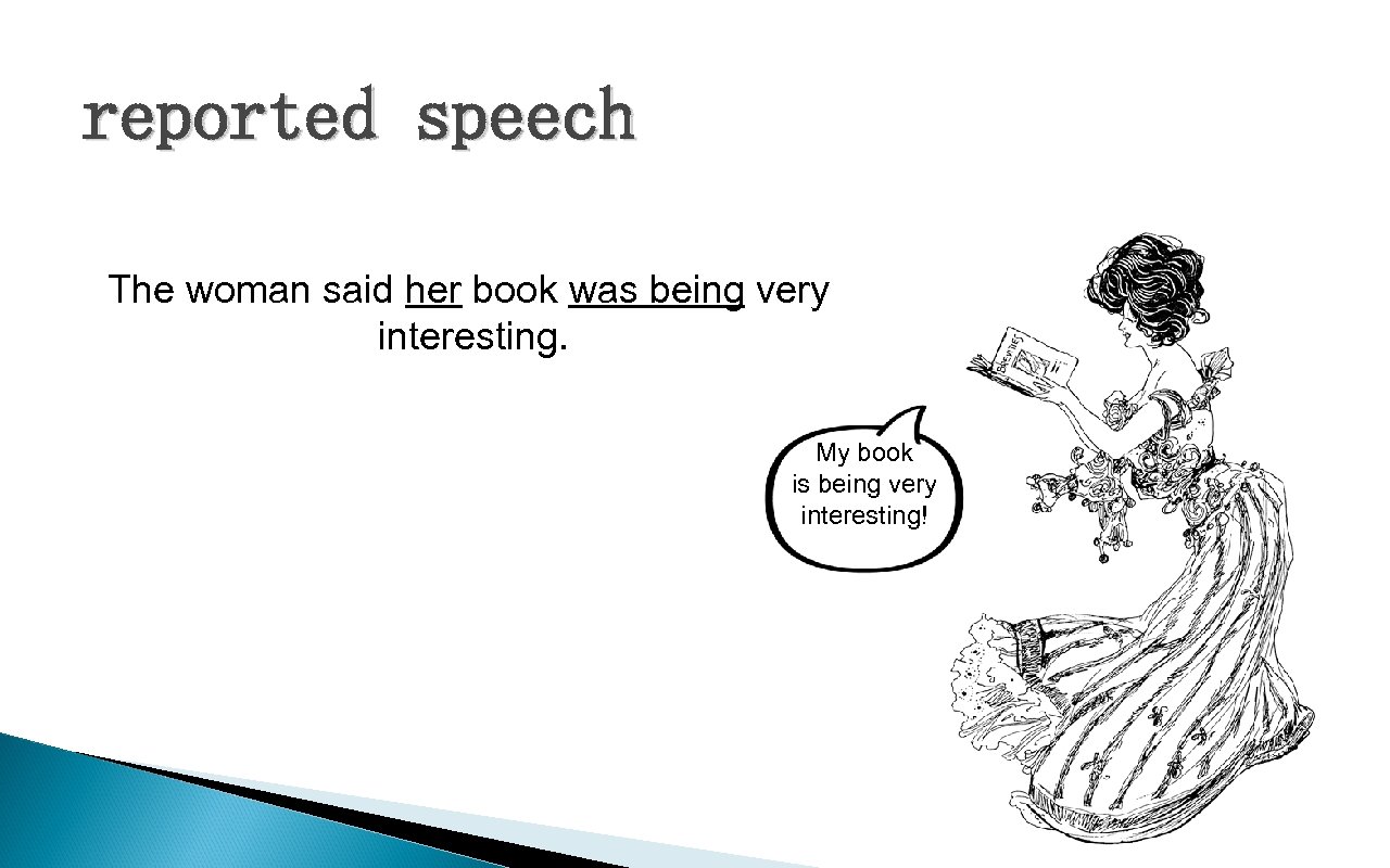 reported speech The woman said her book was being very interesting. My book is