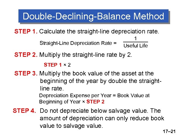 Double-Declining-Balance Method STEP 1. Calculate the straight-line depreciation rate. Straight-Line Depreciation Rate = 1