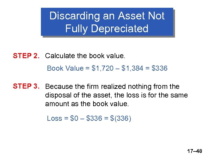 Discarding an Asset Not Fully Depreciated STEP 2. Calculate the book value. Book Value