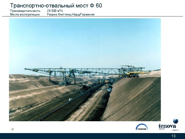 Транспортно-отвальный мост Ф 60 Производительность: Место эксплуатации: 29. 000 м 3/ч Разрез Клеттвиц-Норд/Германия 13