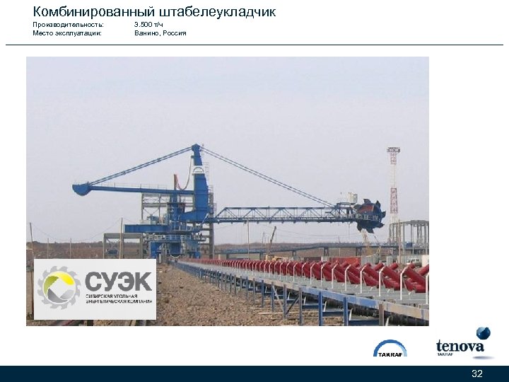 Комбинированный штабелеукладчик Производительность: Место эксплуатации: 3. 500 т/ч Ванино, Россия 32 