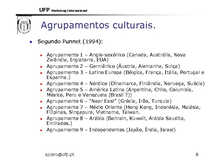UFP Marketing Internacional Agrupamentos culturais. n Segundo Punnet (1994): n n n n n