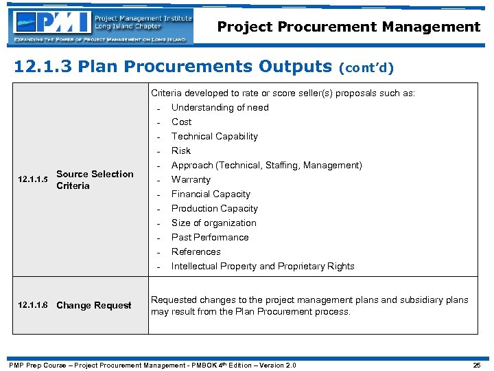 Project Procurement Management 12. 1. 3 Plan Procurements Outputs (cont’d) Criteria developed to rate