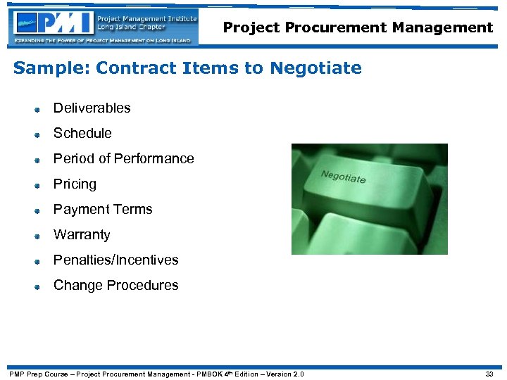 Project Procurement Management Sample: Contract Items to Negotiate Deliverables Schedule Period of Performance Pricing