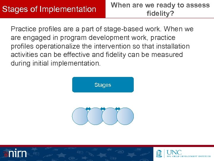 Stages of Implementation When are we ready to assess fidelity? Practice profiles are a