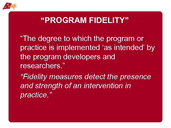 “PROGRAM FIDELITY” “The degree to which the program or practice is implemented ‘as intended’