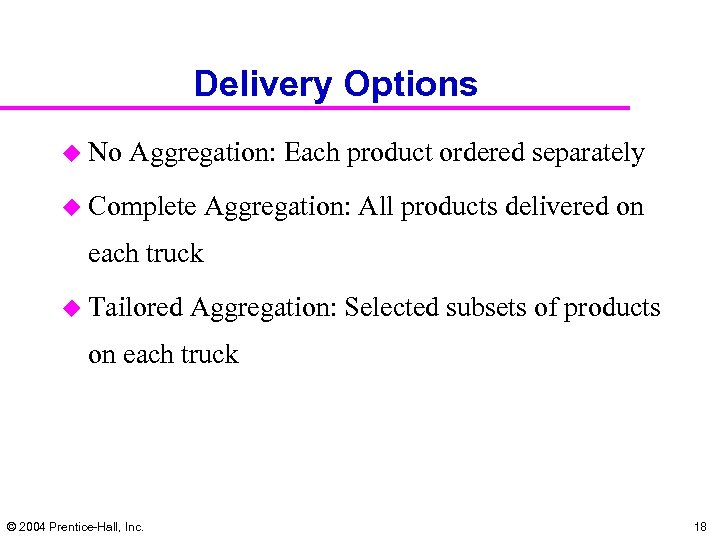 Delivery Options u No Aggregation: Each product ordered separately u Complete Aggregation: All products
